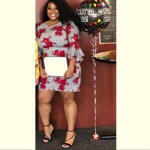 Striped black/white dress with red floral design